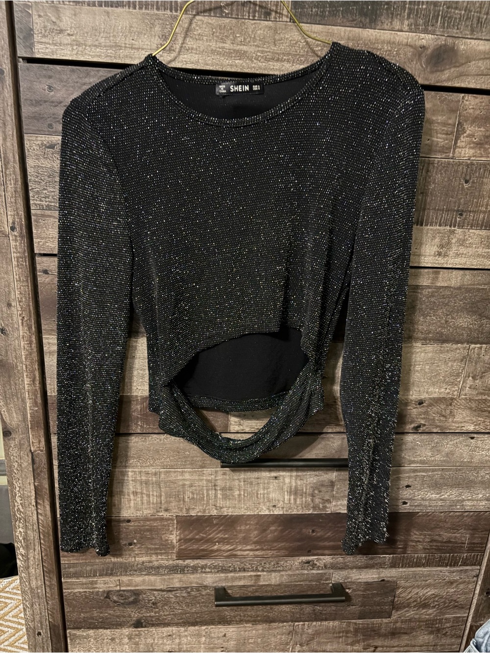 SHEIN Black Sparkle Long-Sleeve Cut-Out Top
